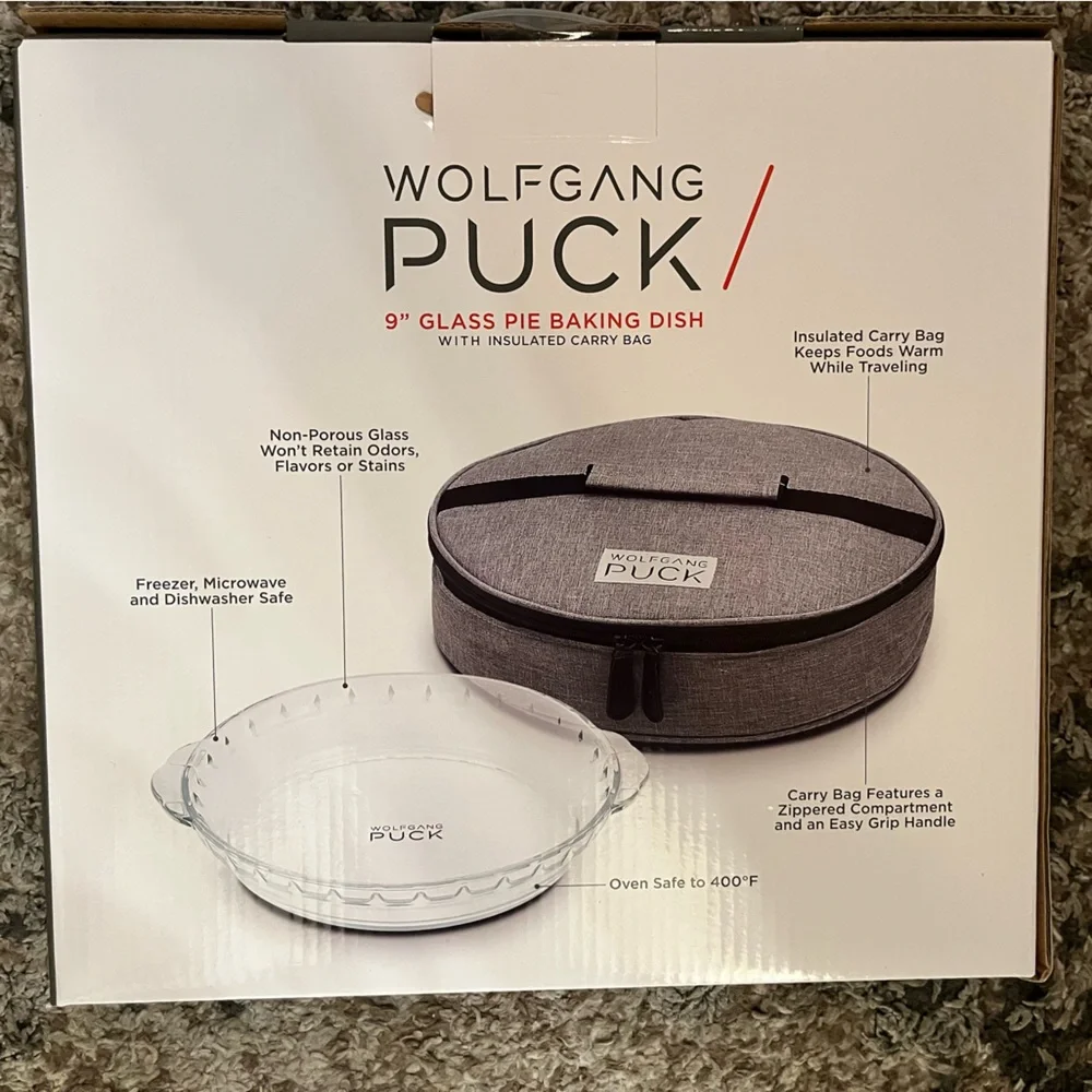 Wolfgang Puck Glass Pie Baking Dish with Insulated Carry Bag NEW